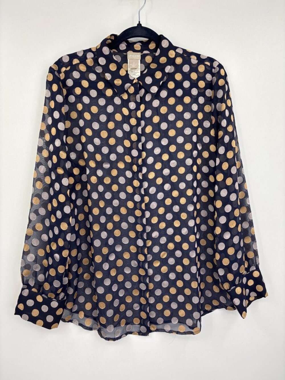 Chico's Sheer Polka Dot Button Up Down Long Sleeve Shirt Navy Beige Sz 2 (12/14)